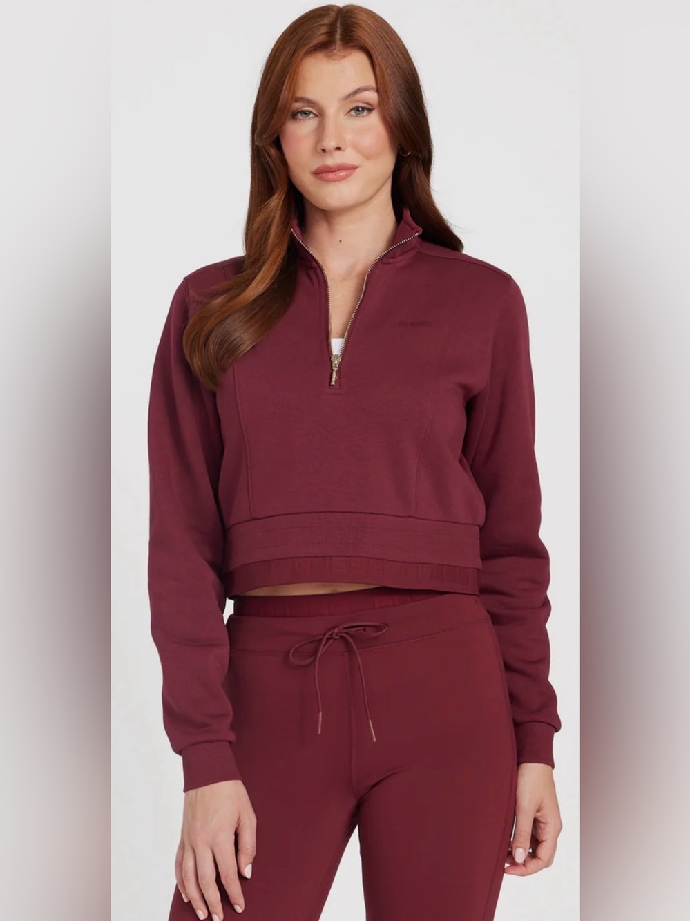 GUESS Factory Cami Half-Zip Cropped Sweatshirt - Burgundy / Petite Syrah